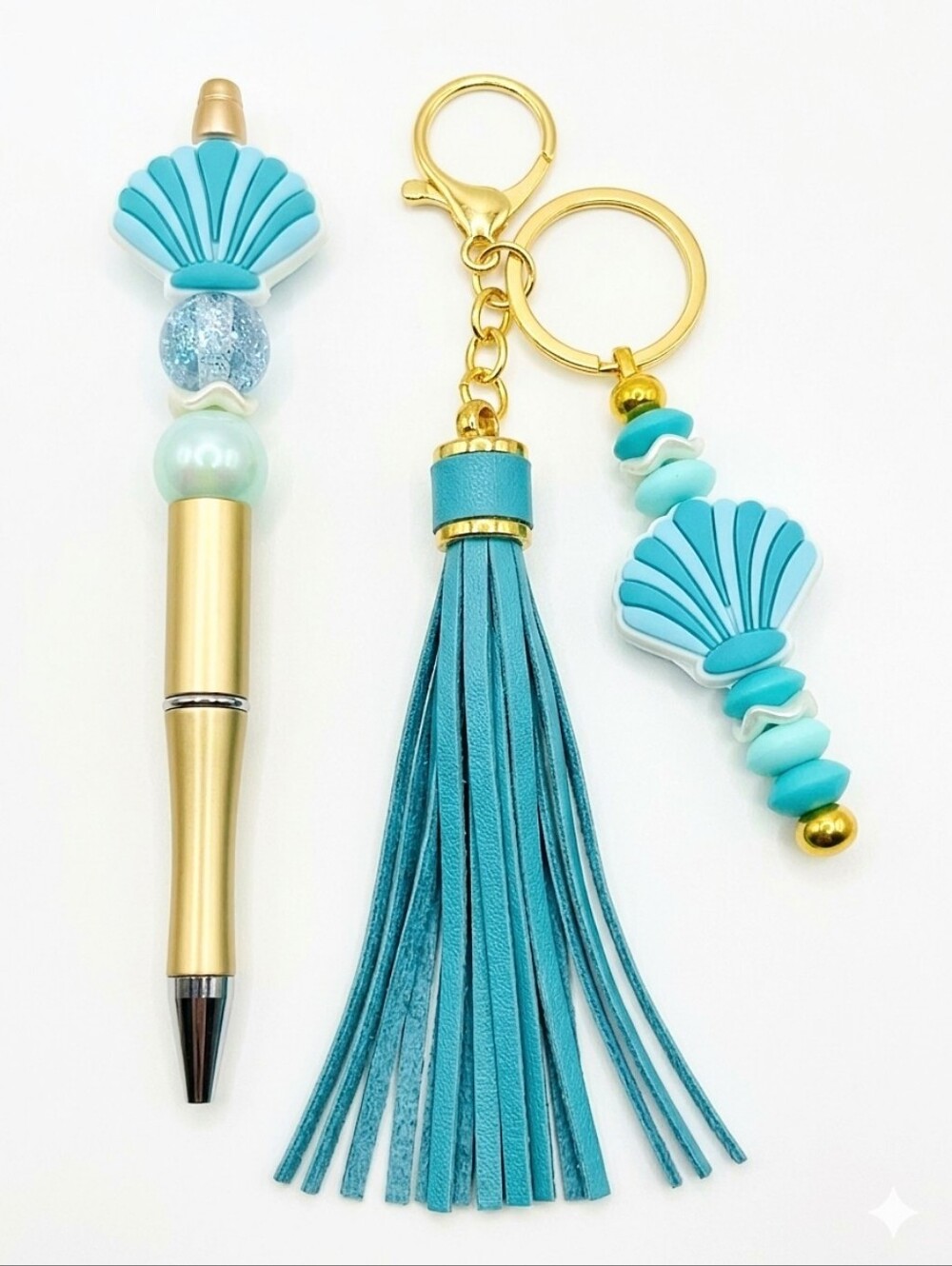 Handcrafted Beach Sea Shell Tassel Keychain and Pen Set Teal Blue Gold Bag Charm